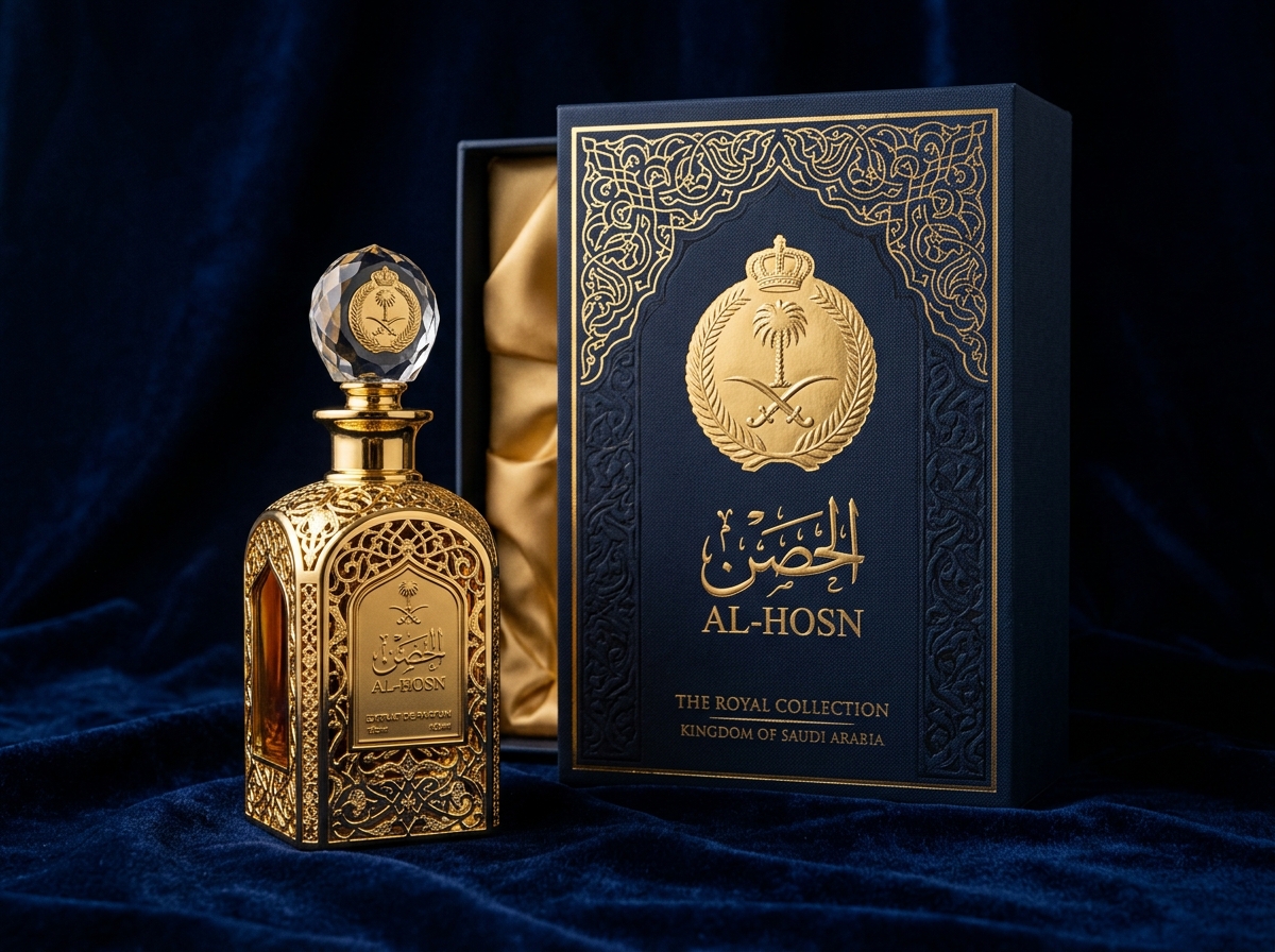 A premium perfume and oud packaging concept with ornate presentation details
