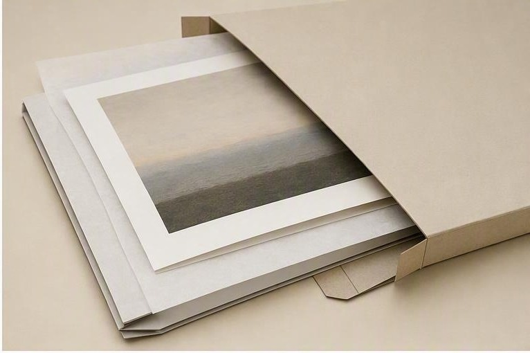Rigid flat mailer protecting a fine-art print
