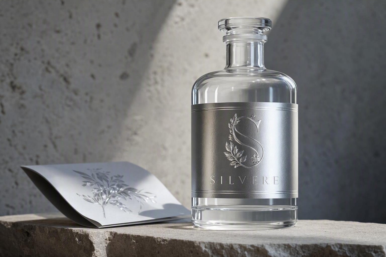 Concept image of a fragrance bottle paired with reflective silver foil detailing