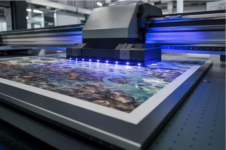 UV flatbed printer curing saturated ink on a rigid panel