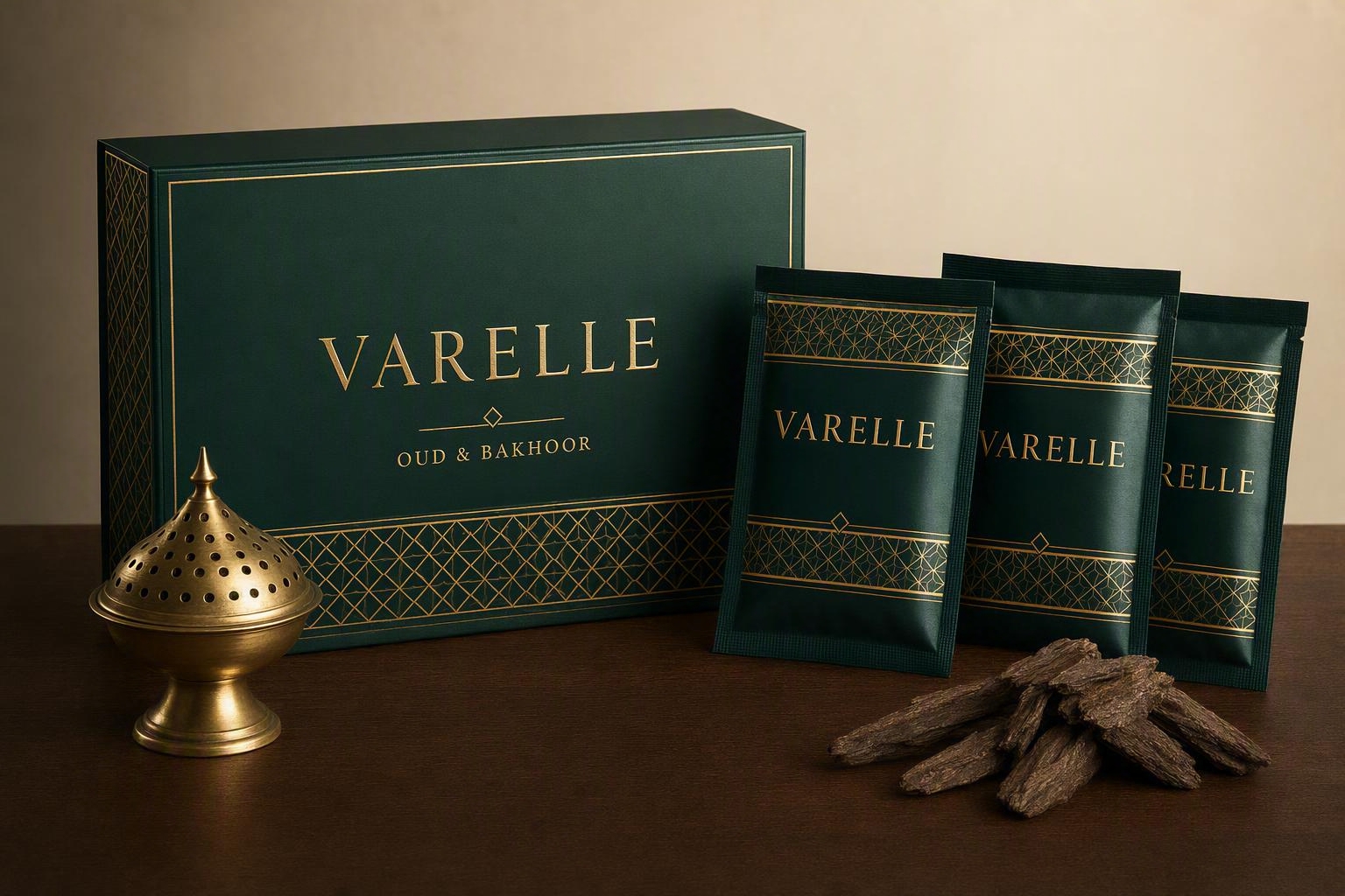 Luxury dark green and gold foil oud and bakhoor presentation coffret with matching sachets, brass incense burner, and natural agarwood chips