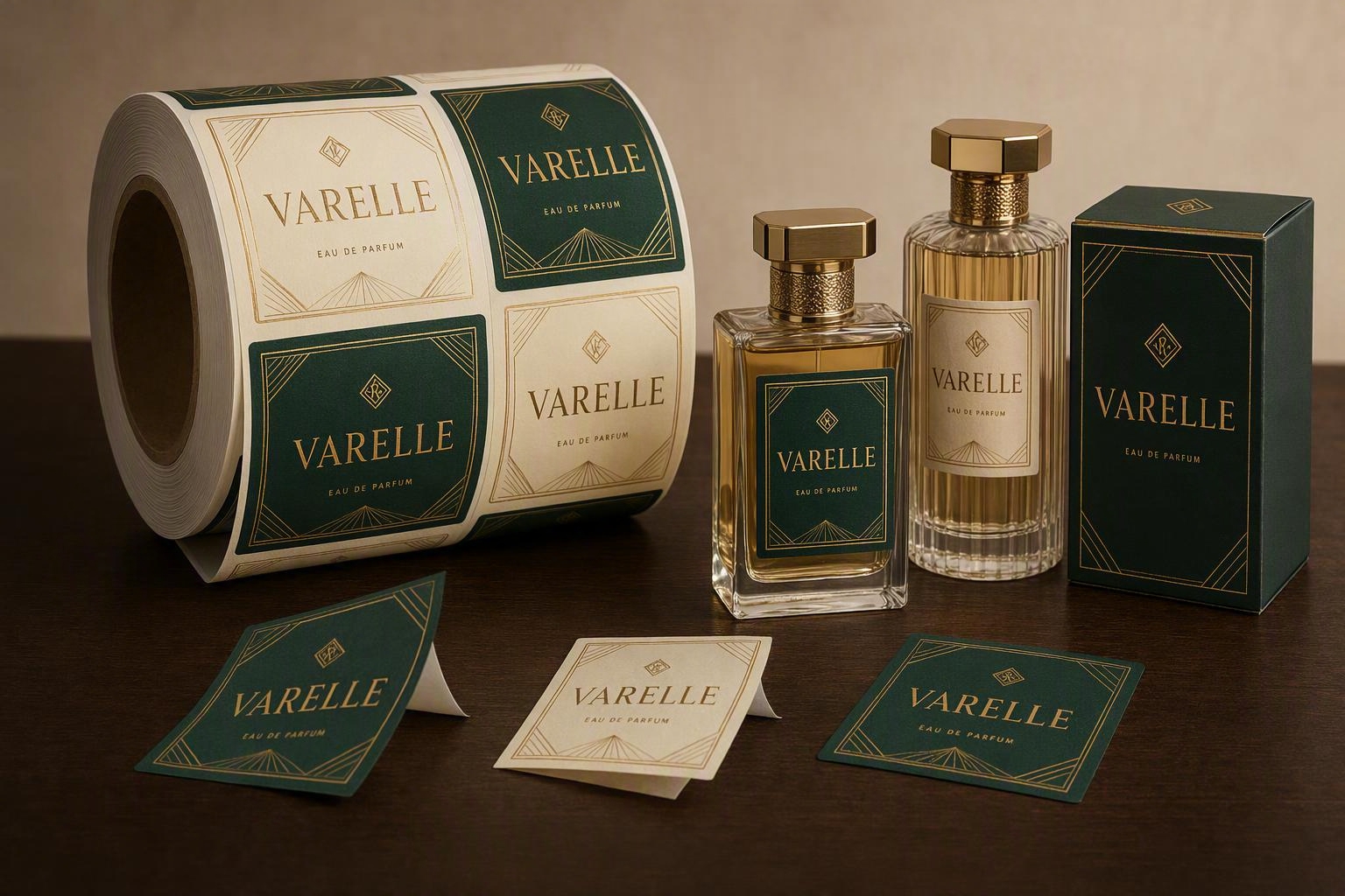 Varelle fictional-brand perfume label roll, individual labels, fragrance bottles and carton, shown as a Penta concept study